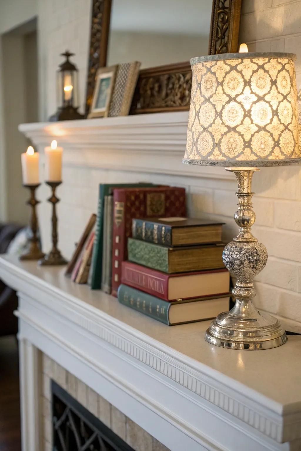 This mantel is enhanced in both style and utility by functional decor pieces.