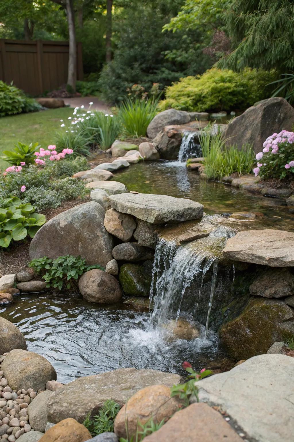 Water features enrich stone gardens with both sound and motion.