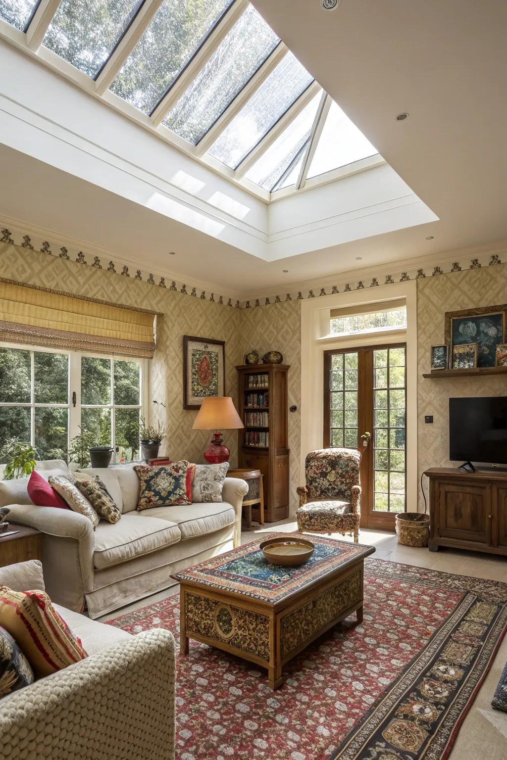 A living space showing off a skylight with mixed trim styles.