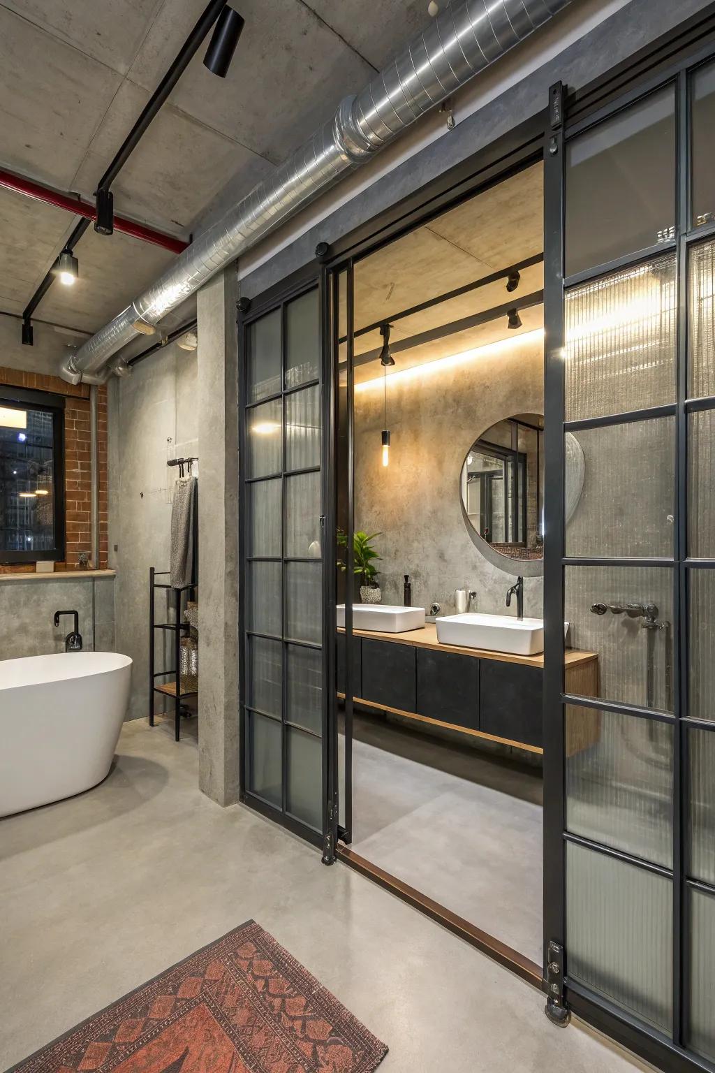 Metal moving doors add a factory-cool vibe to this bathroom.