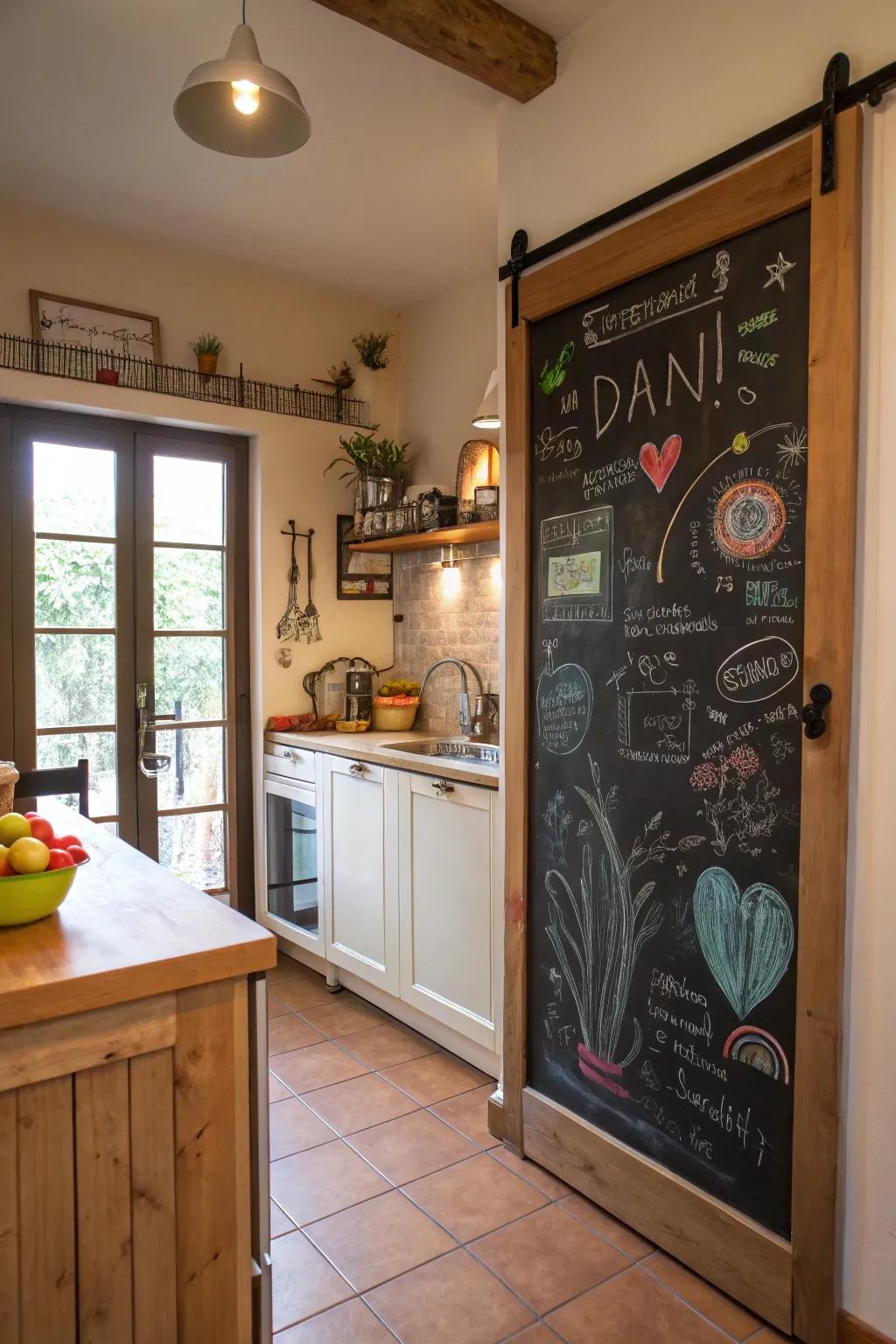 A chalkboard sliding door adds a whimsical touch to this kitchen.