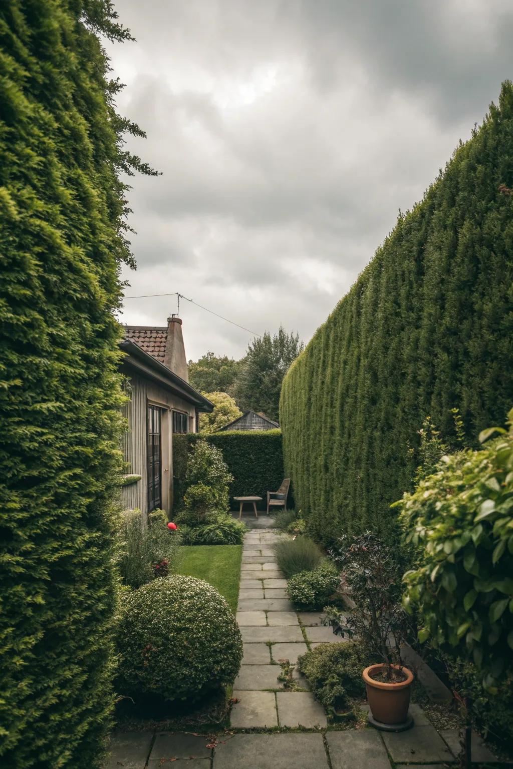 Privacy features like hedges establish a secluded and tranquil space.