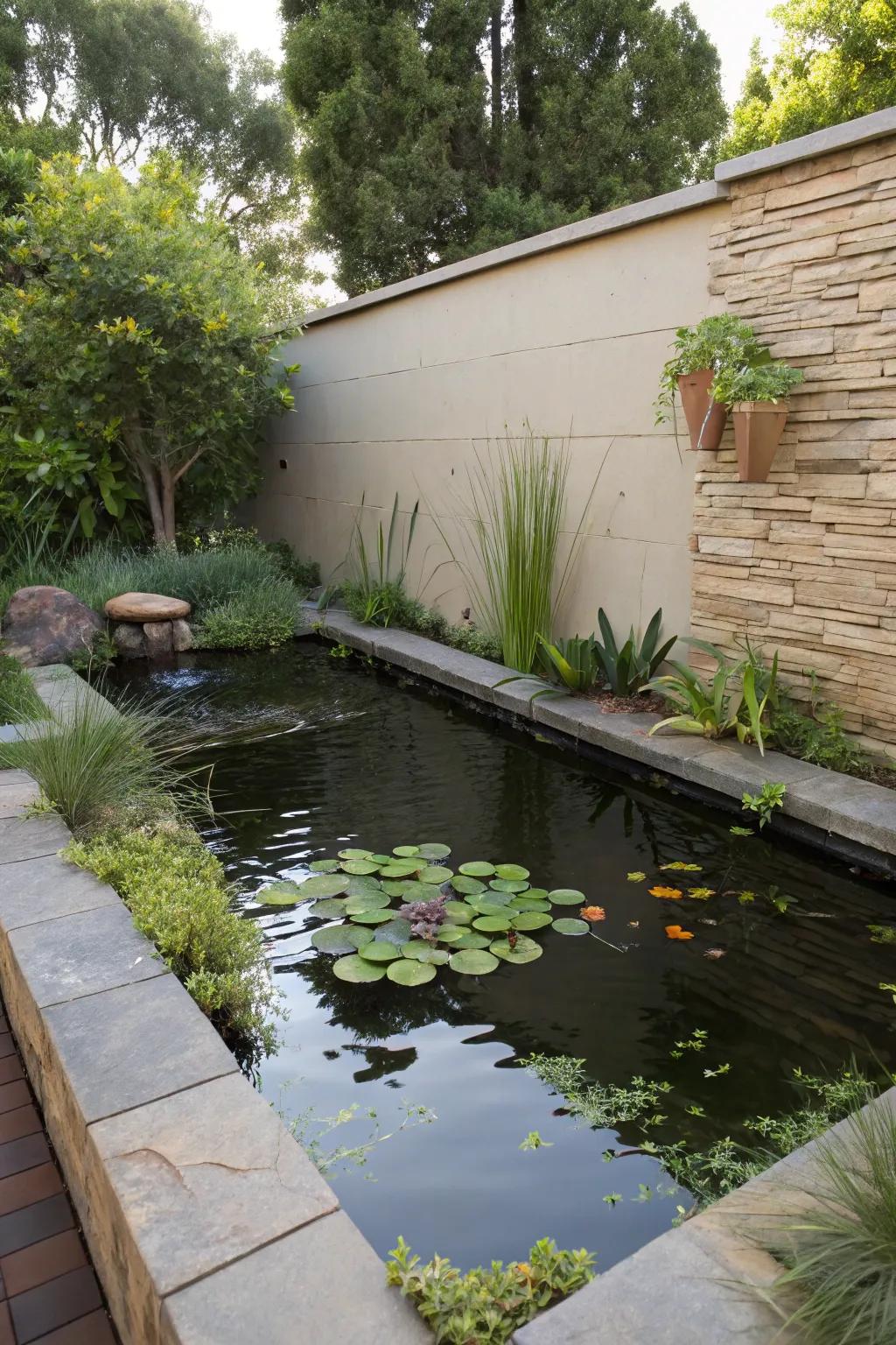 An elevated pond provides an innovative, space-saving garden element.