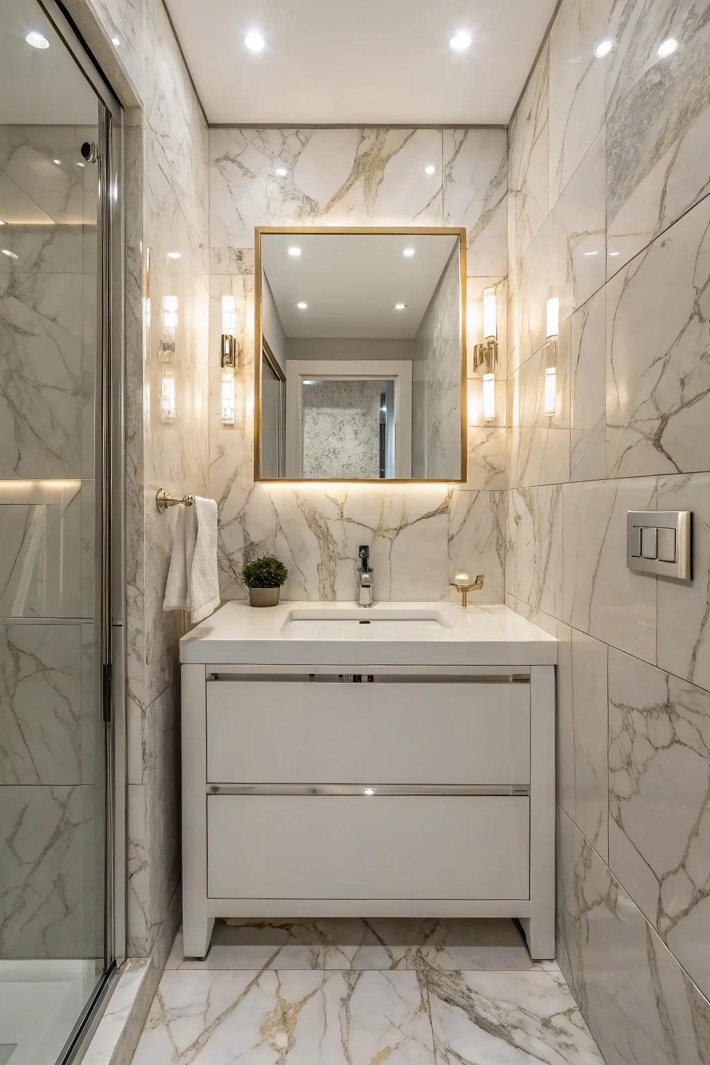 Marble-look tiles provide elegance at an affordable price.