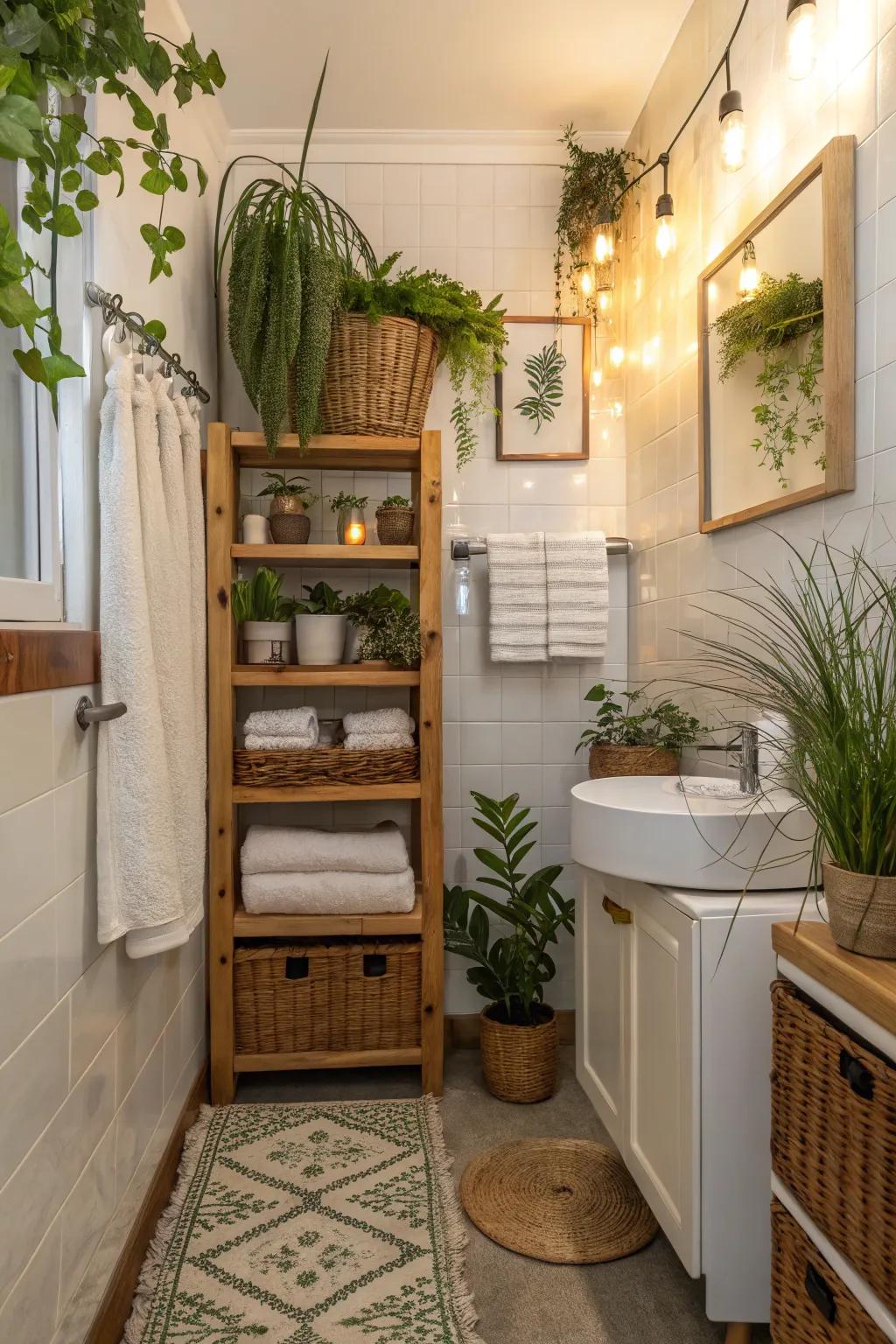 Plants introduce a refreshing element to towel storage zones.