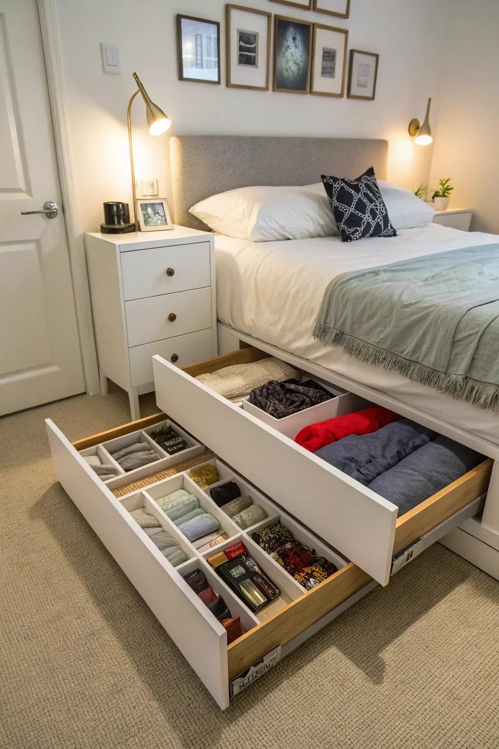 Under-bed storage keeps belongings neatly put away.