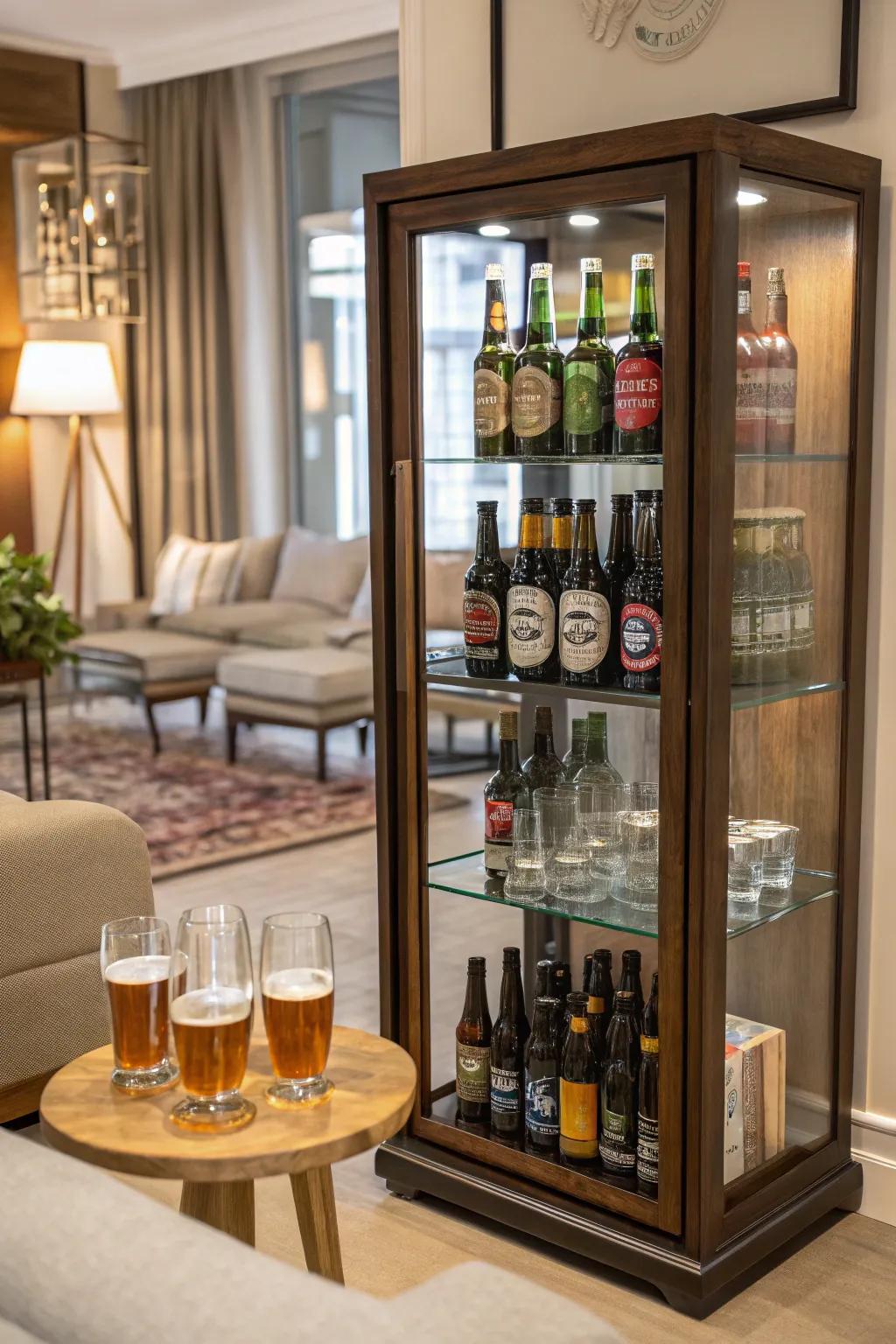Sophisticated glass cabinet display for brew enthusiasts.
