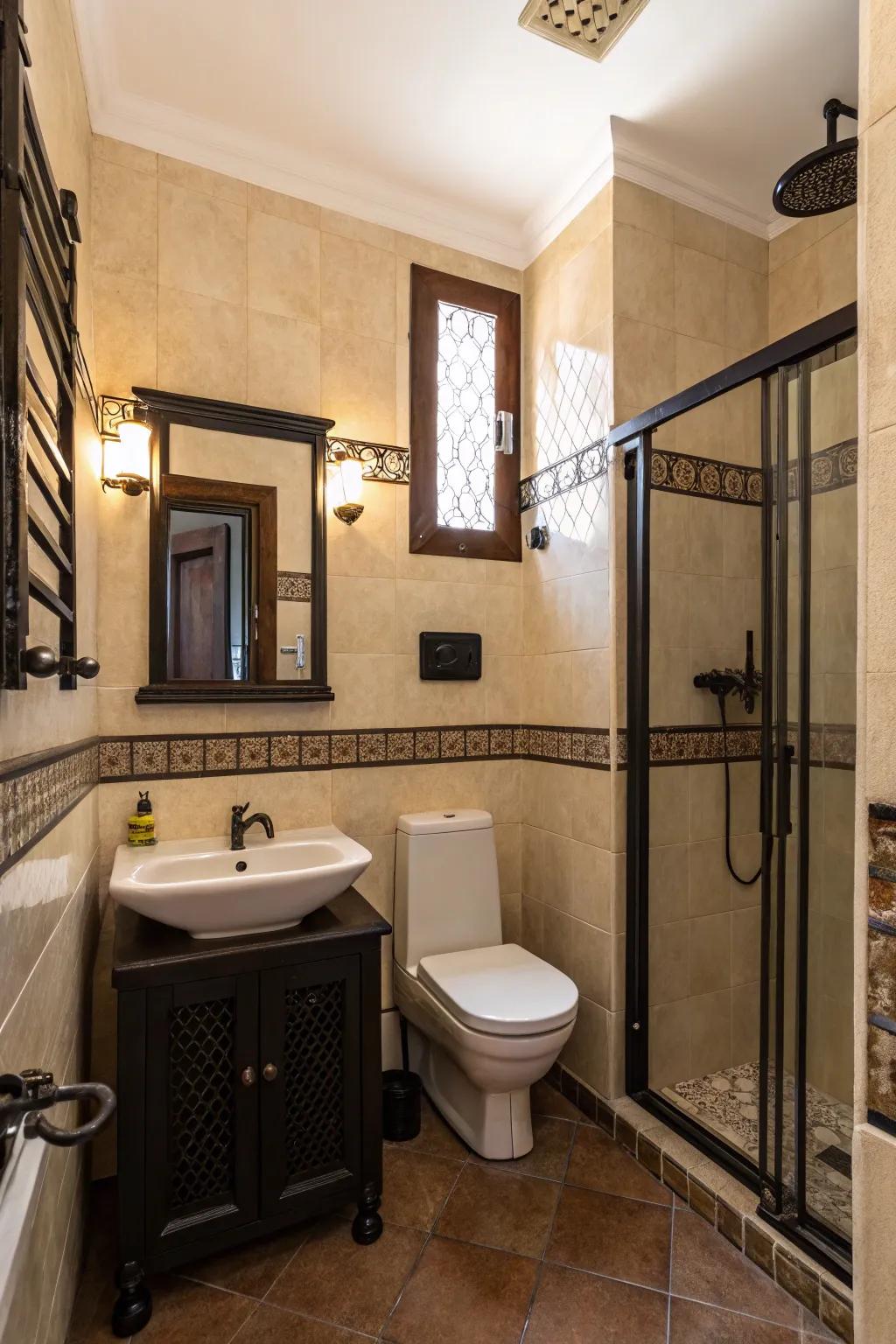 A beige bathroom with striking dark accents.