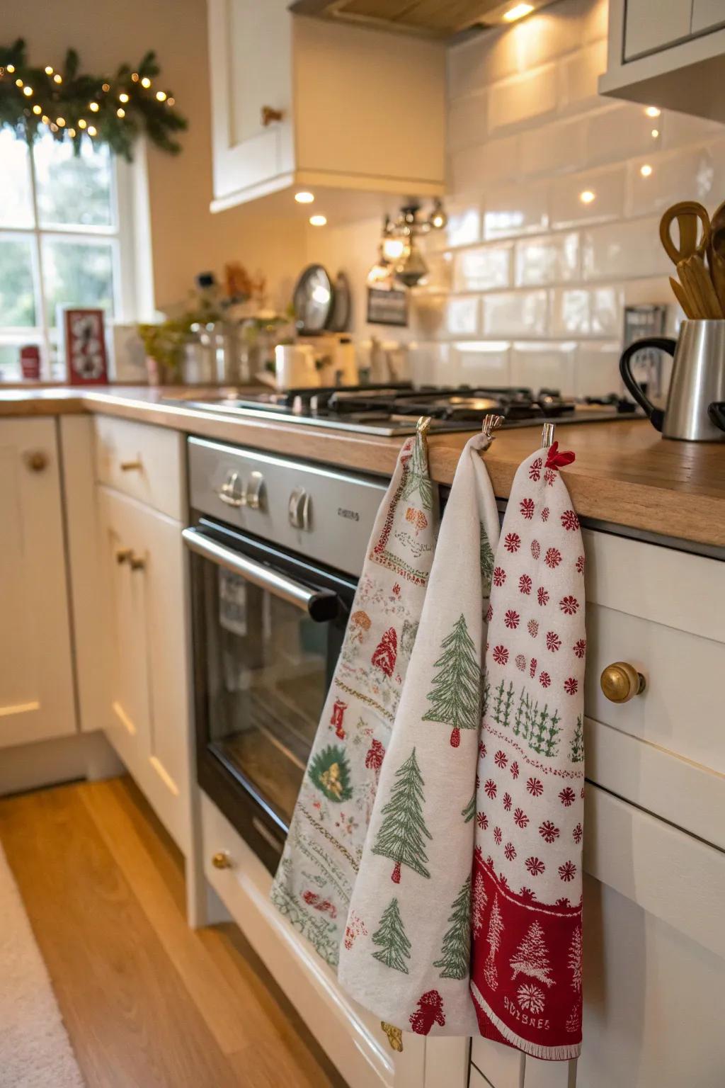 Festive towels prepared to spread cheer in any kitchen.