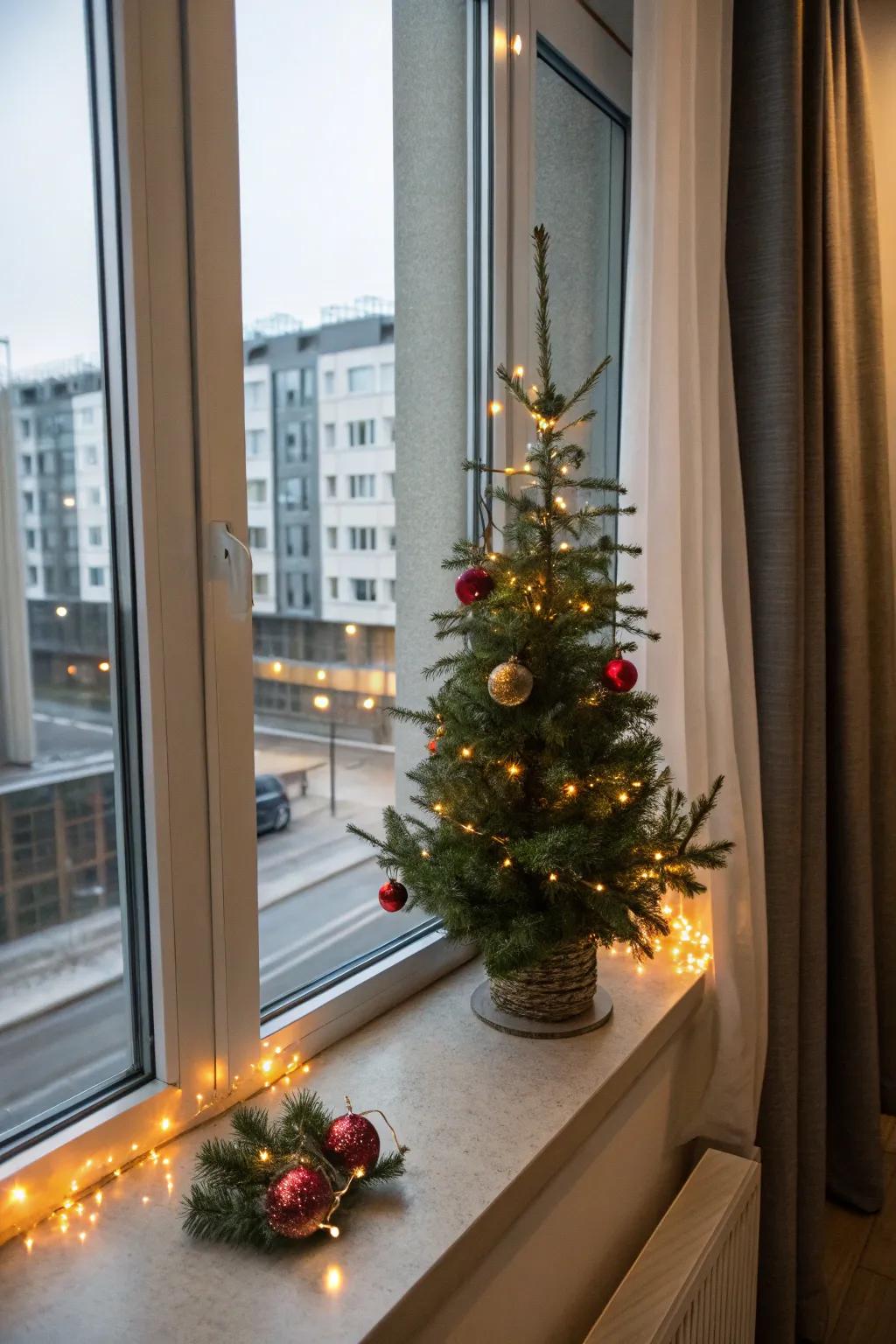 A petite festive fir on the windowsill extends holiday cheer indoors and out.