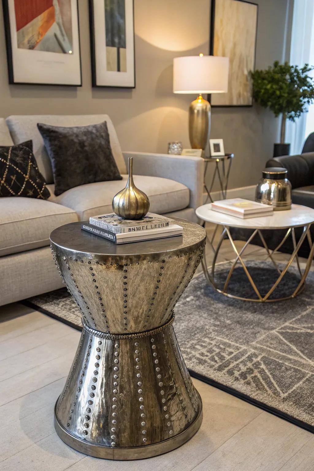 Drum tables make a striking statement in small living areas.