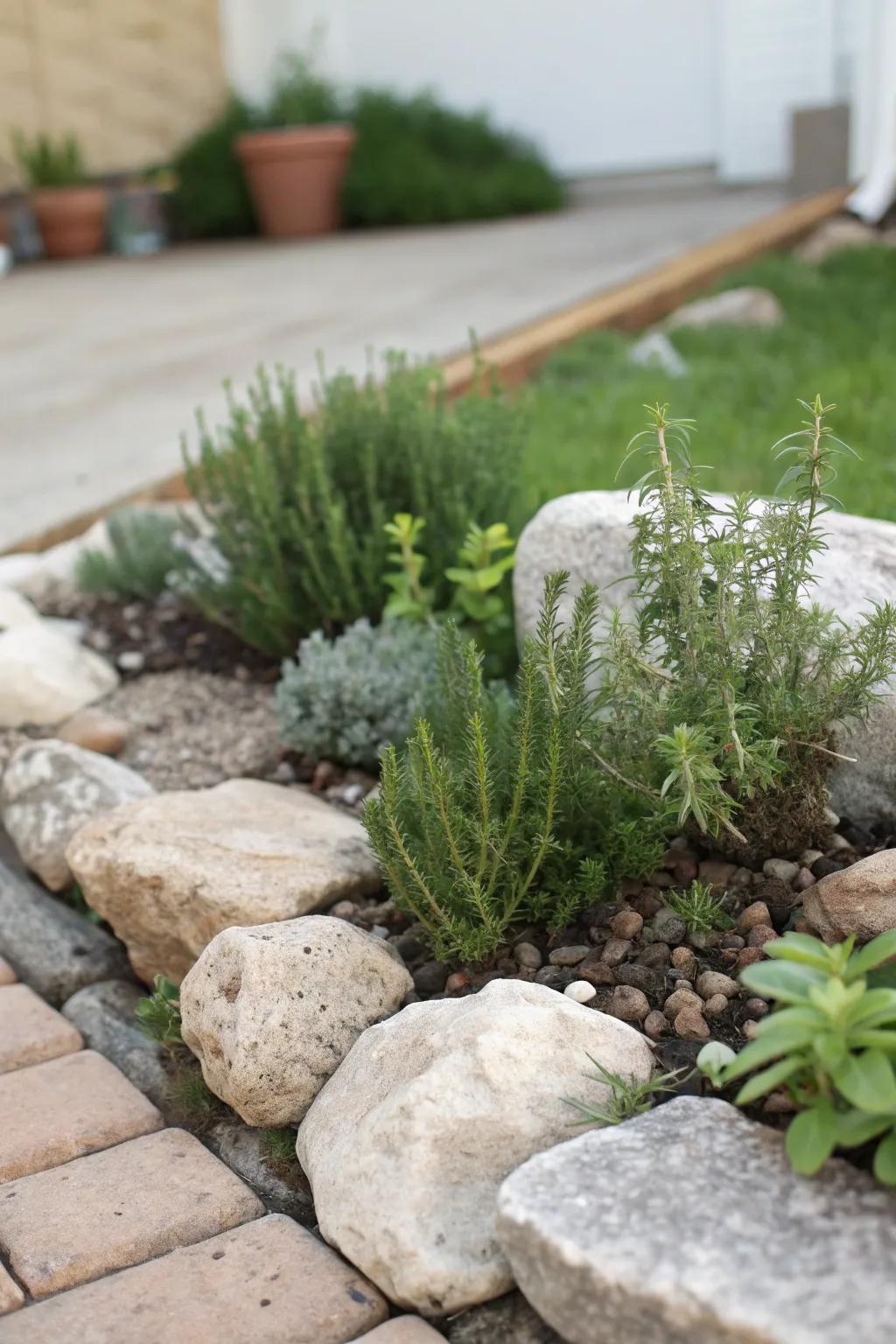 A fragrant herbaceous haven in a small corner rockery.
