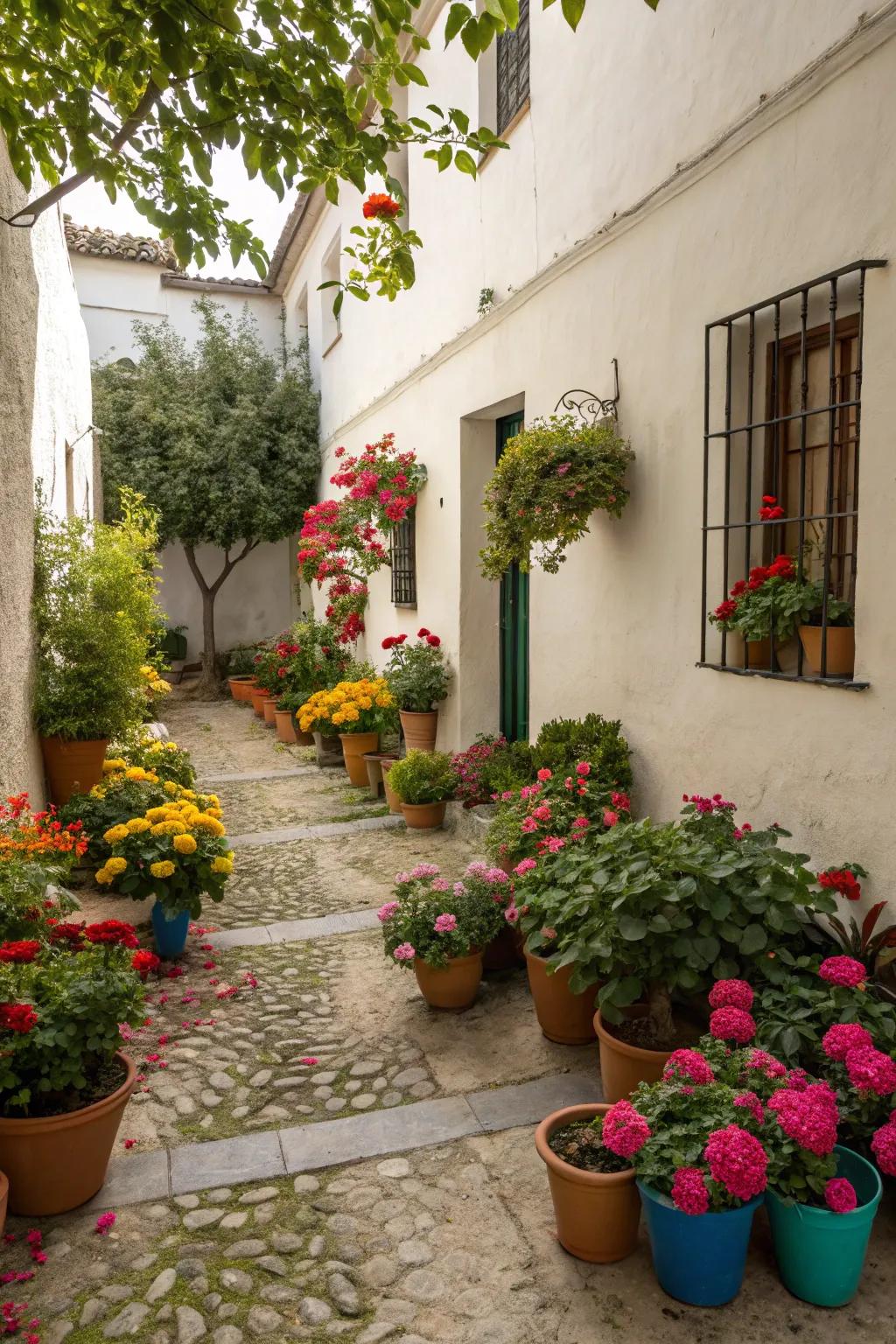 Vivid pots contribute energy and identity to any courtyard.