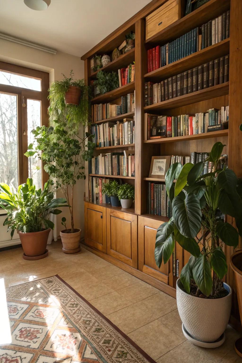 Greenery imparts a lively, calming presence to your library.