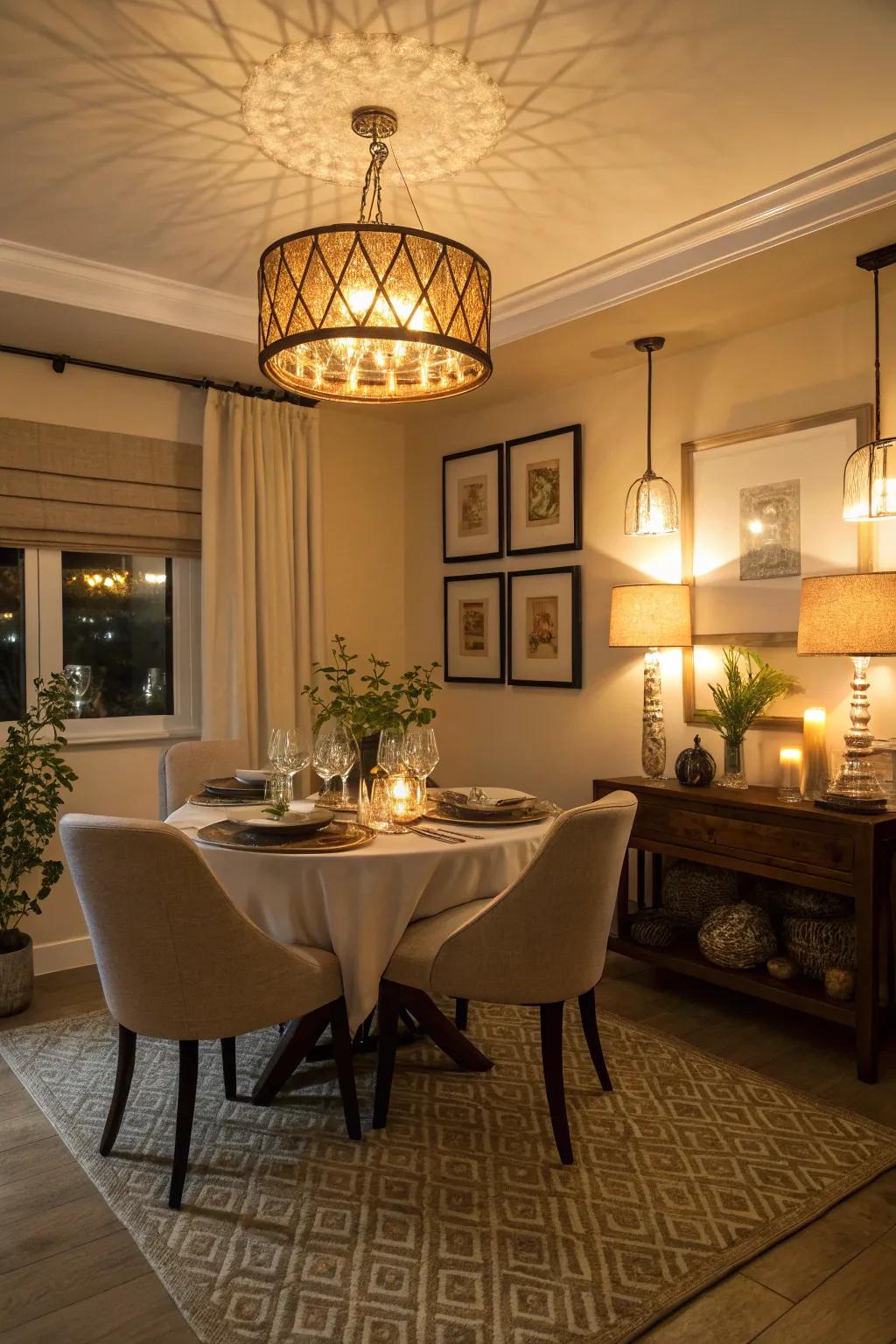 Multi-layered lighting offers flexibility and ambiance in dining areas.