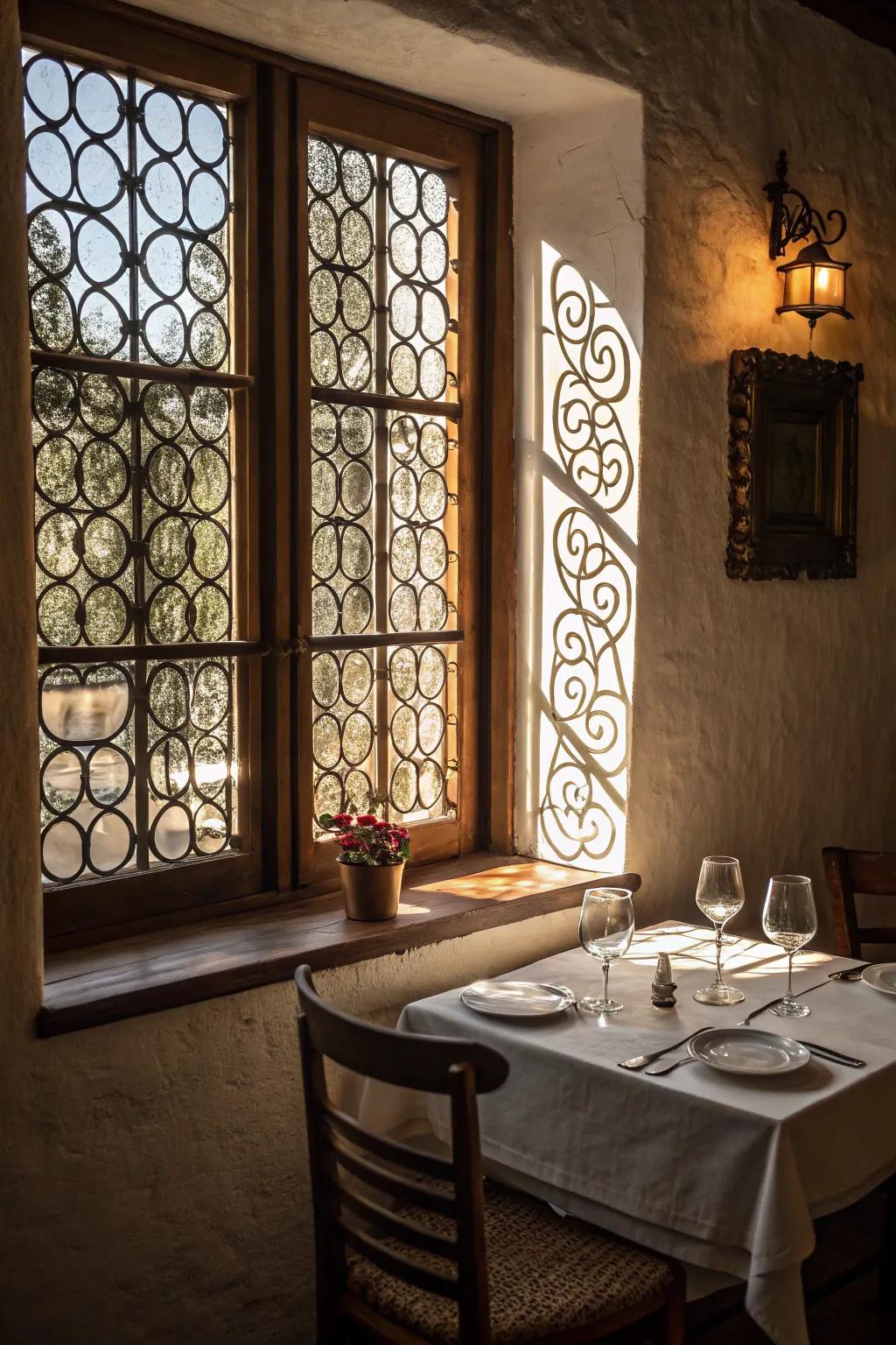 Patterned lattices add unique ornamental flair to the window.
