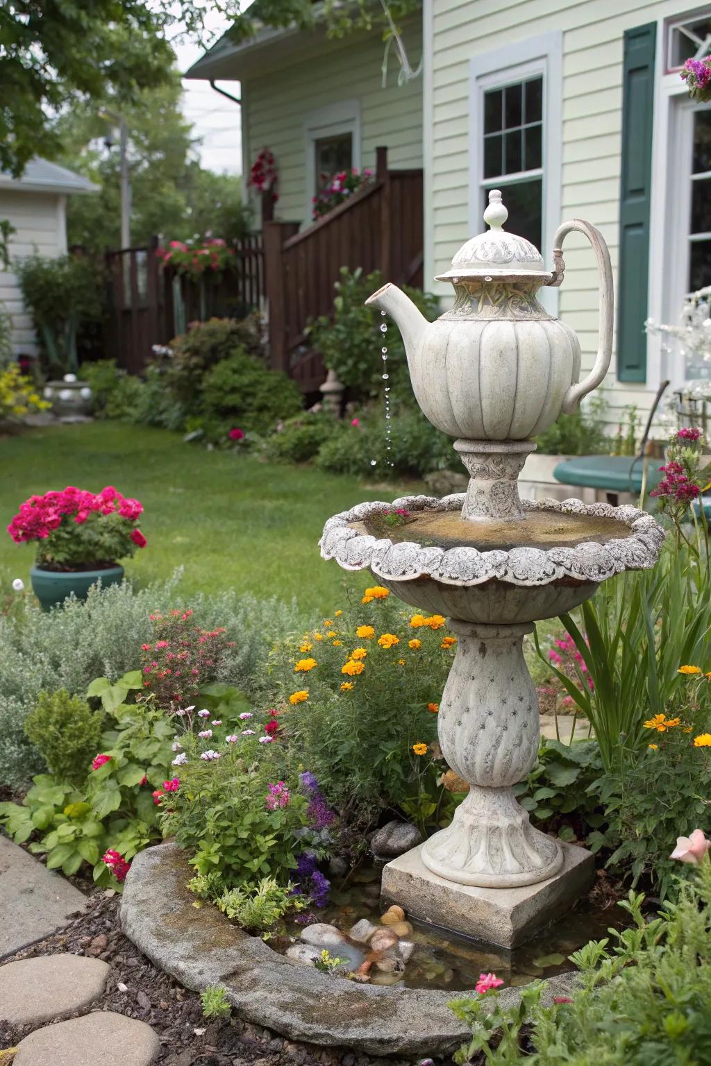 A vintage teapot water feature contributes whimsical charm.