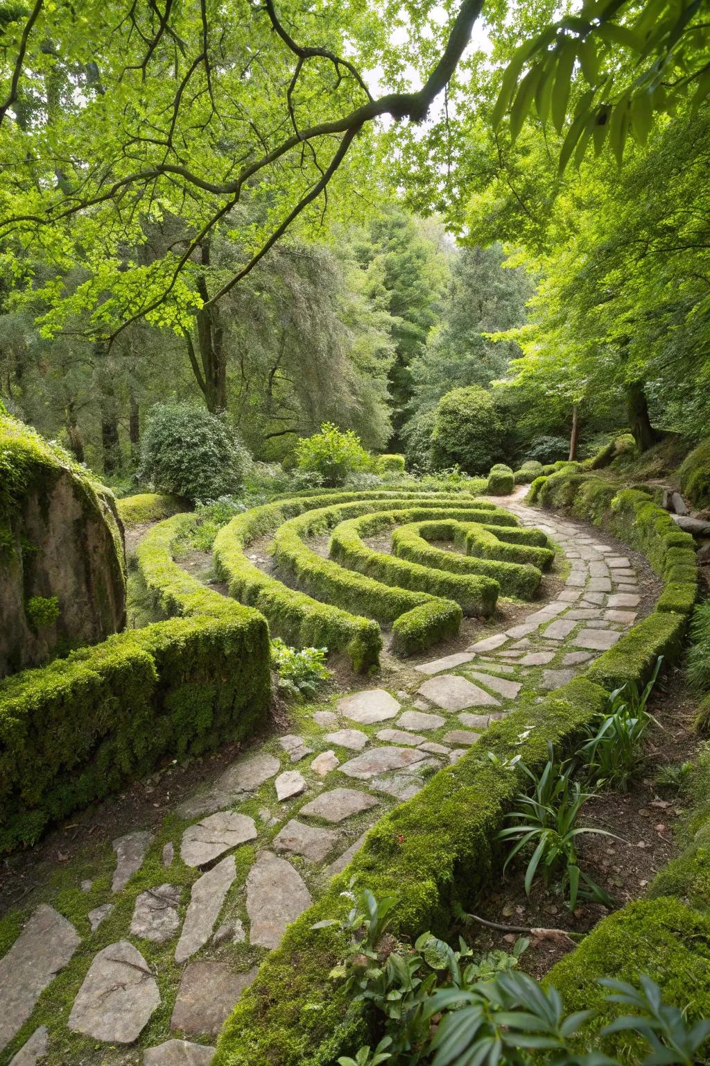 Algae-covered routes delivering a gentle, enchanting garden labyrinth adventure.