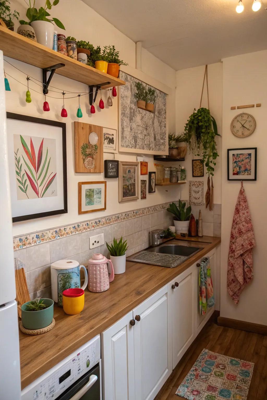 Personalized highlights infuse comfort and persona into this small kitchen.