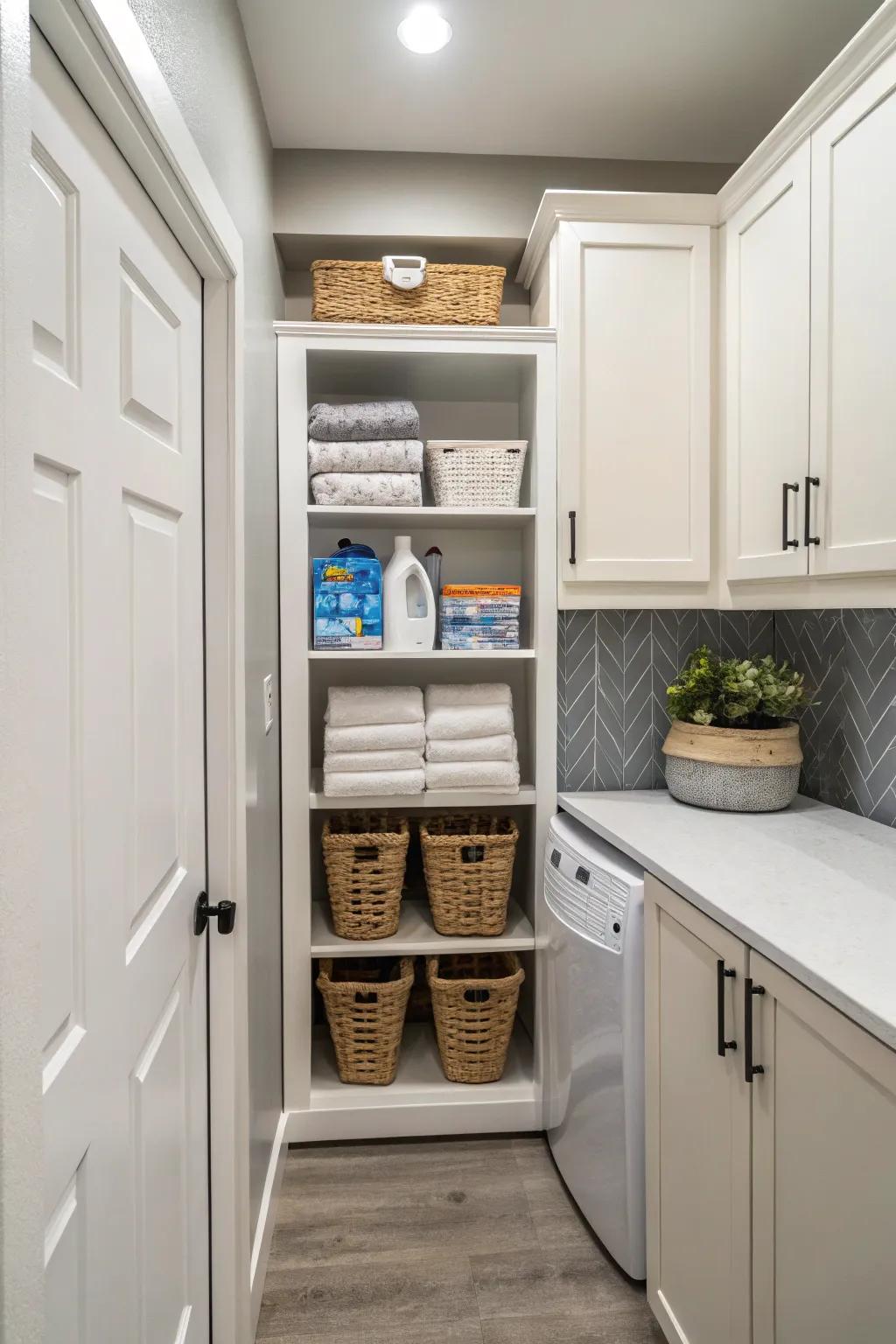 Intelligent storage options maintain your washing room tidy.