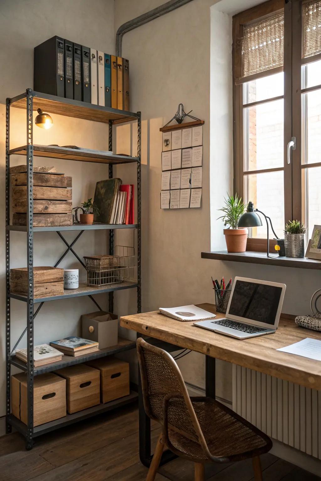 Combining textures gives depth and personality to a small office.