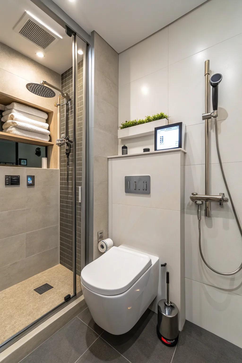 High-tech features bring a luxurious feel to this small bathroom.