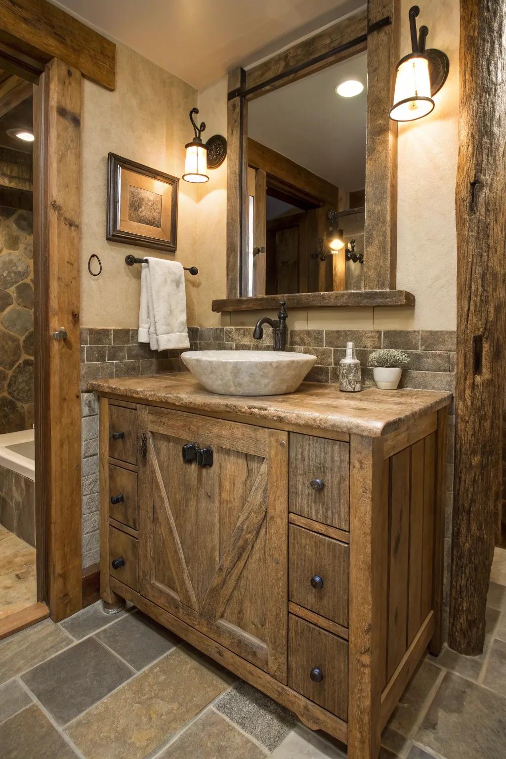 Reclaimed aged timber adds distinctiveness to a bathroom.