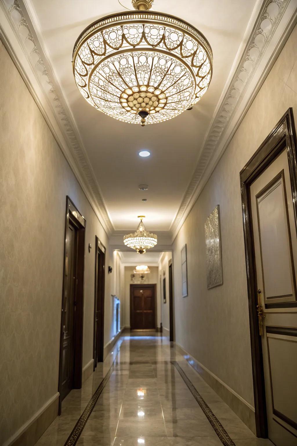 Making use of ceiling space can enhance the height and feel of your narrow hallway.