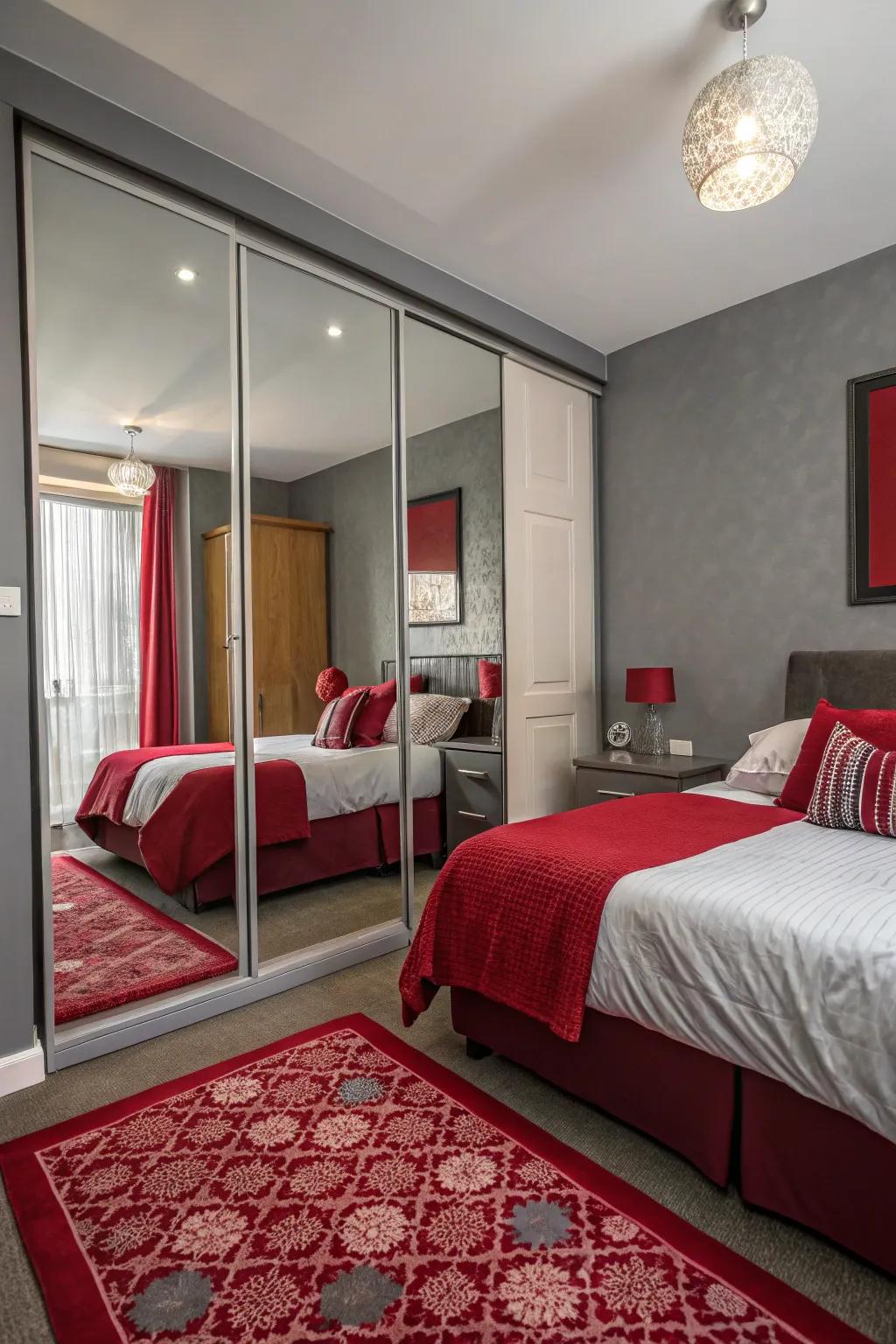 Mirrors in a compact bedroom fashion dimension and enhance the scarlet and charcoal color scheme.