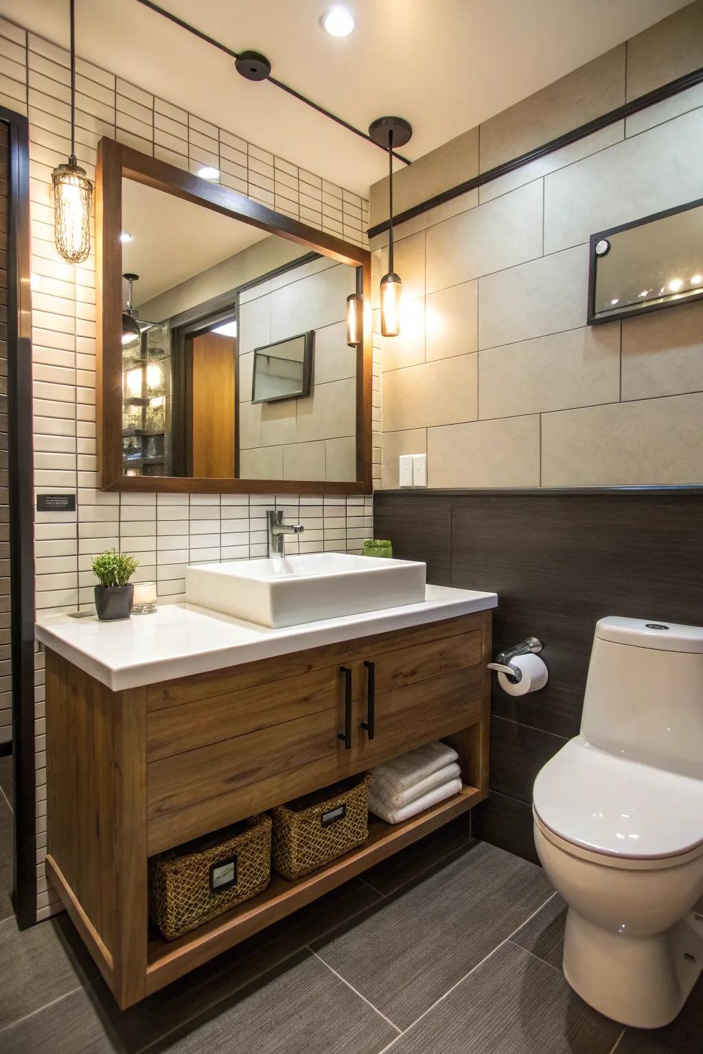 Elevated vanities establish an open sensation.