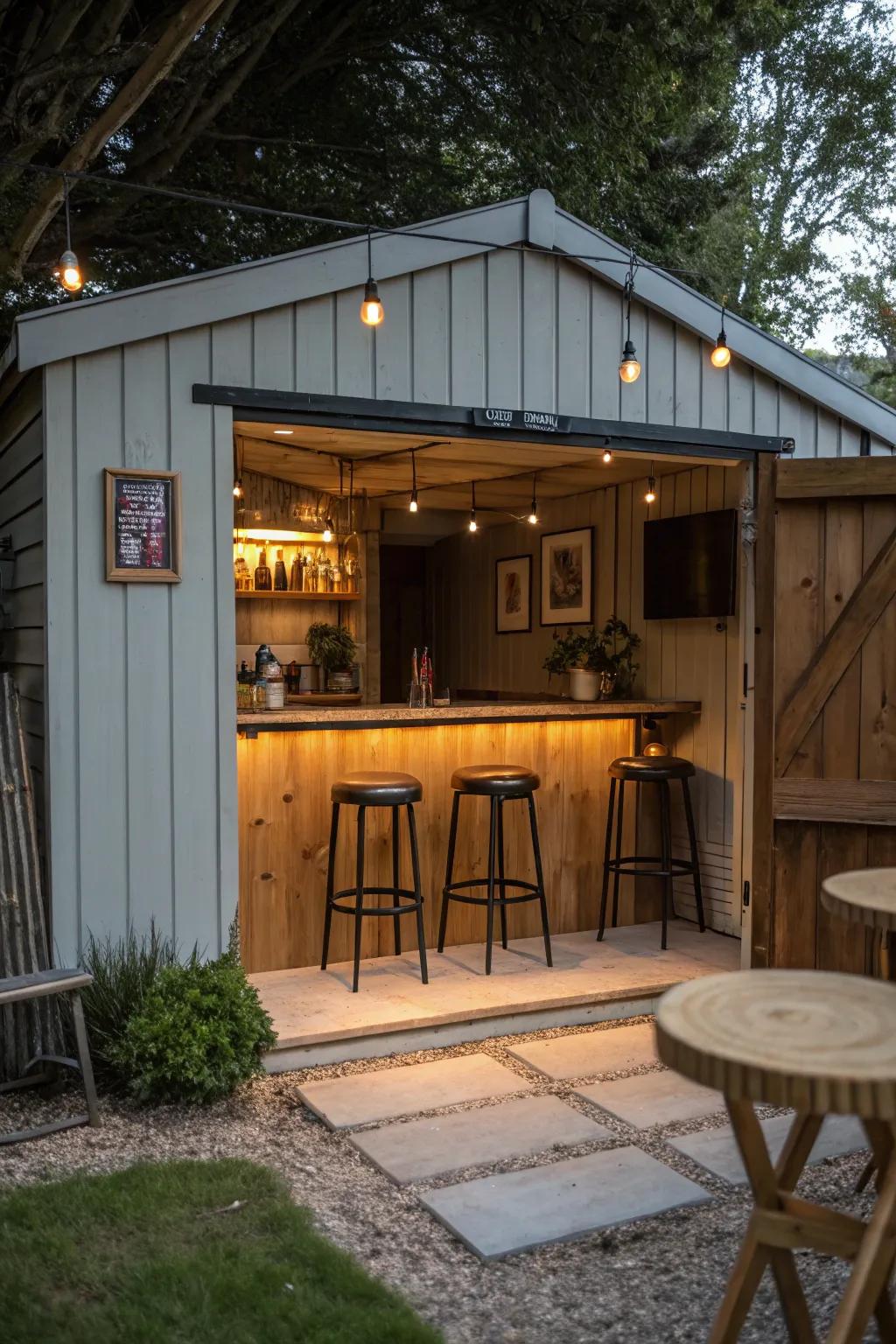 A fashionable outdoor serving bar in a small shed.