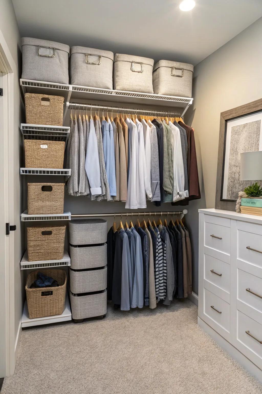 A closet that’s well-organized with double hanging bars to maximize storage possibilities.