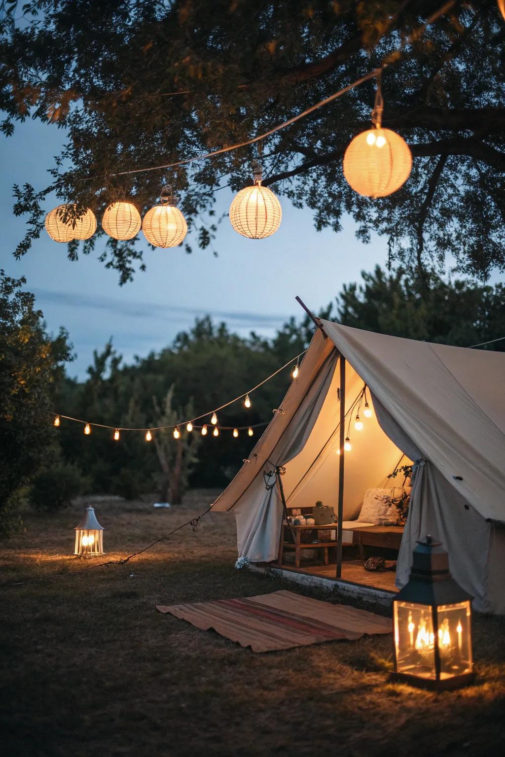 Elegant tent with hanging lights.