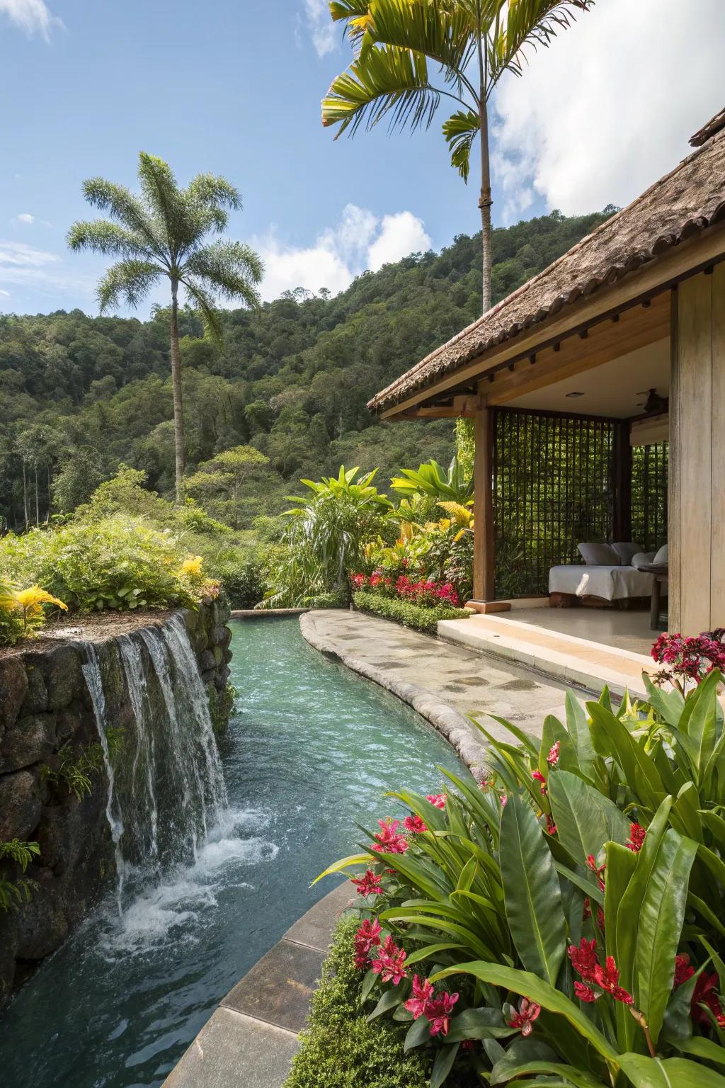 A hot tub with a cascade front provides luxury and relaxation.