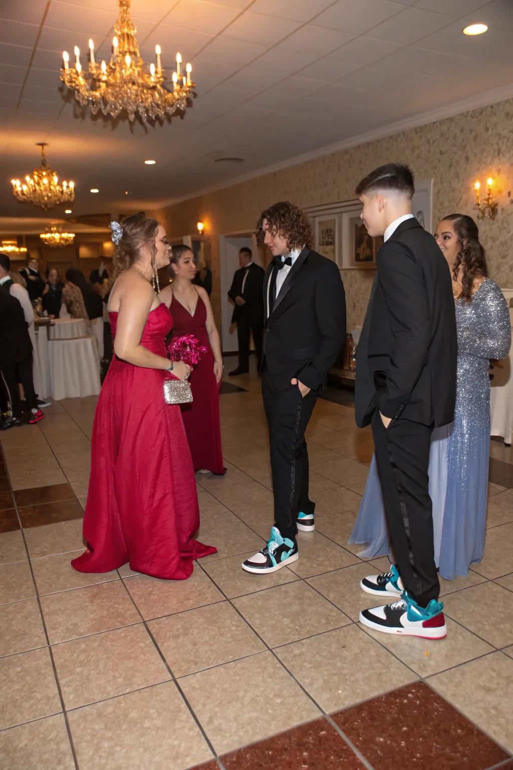 Attendees showing off a mix of formal wear and stylish footwear.