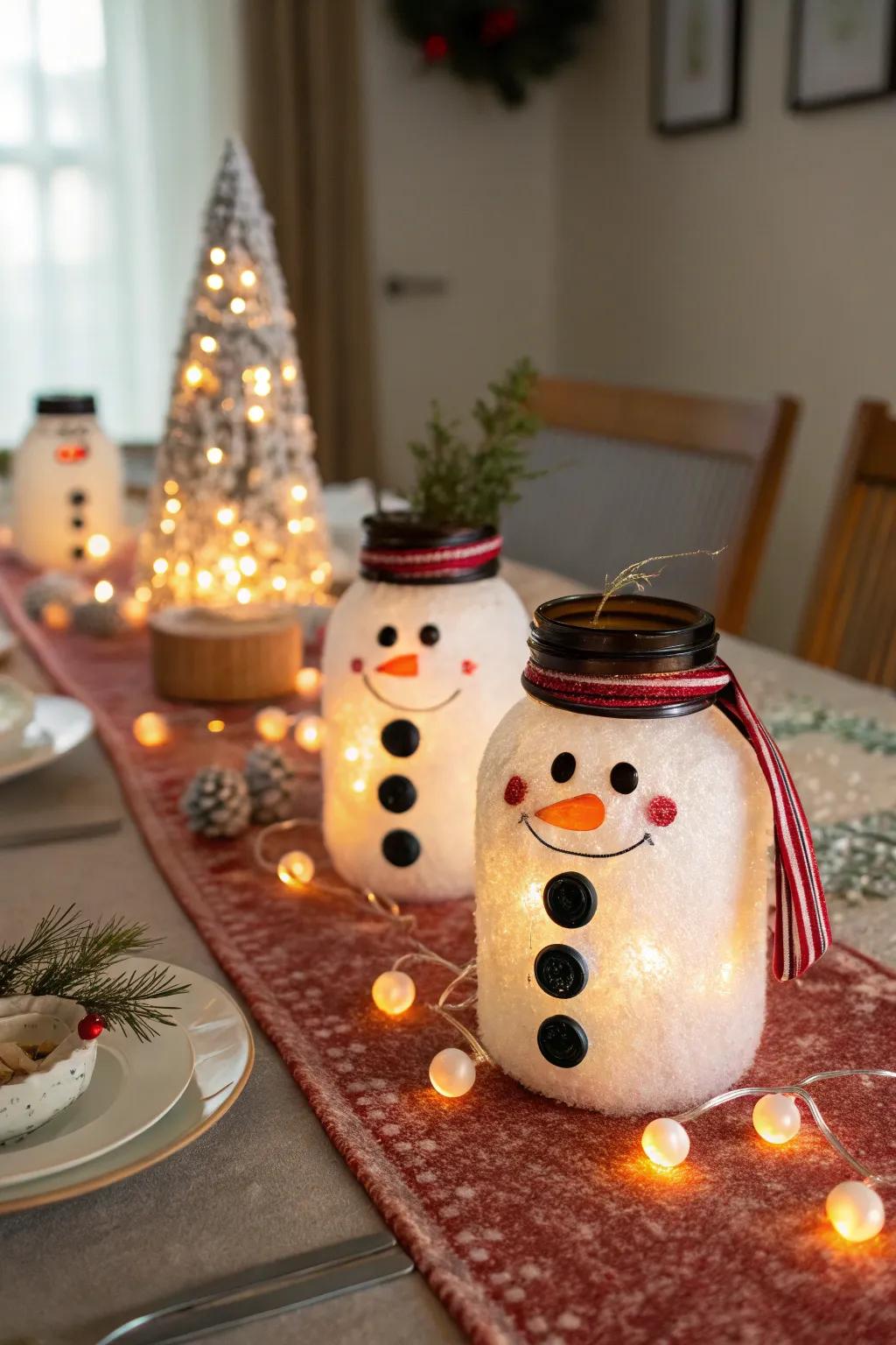 Snow figure glass jars brighten any holiday environment.