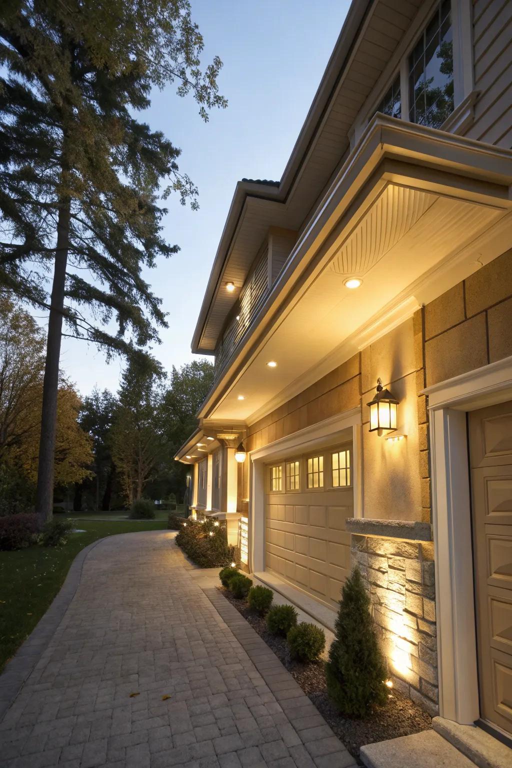 Concealed soffit light modules generate an intriguing and unexpected radiance.
