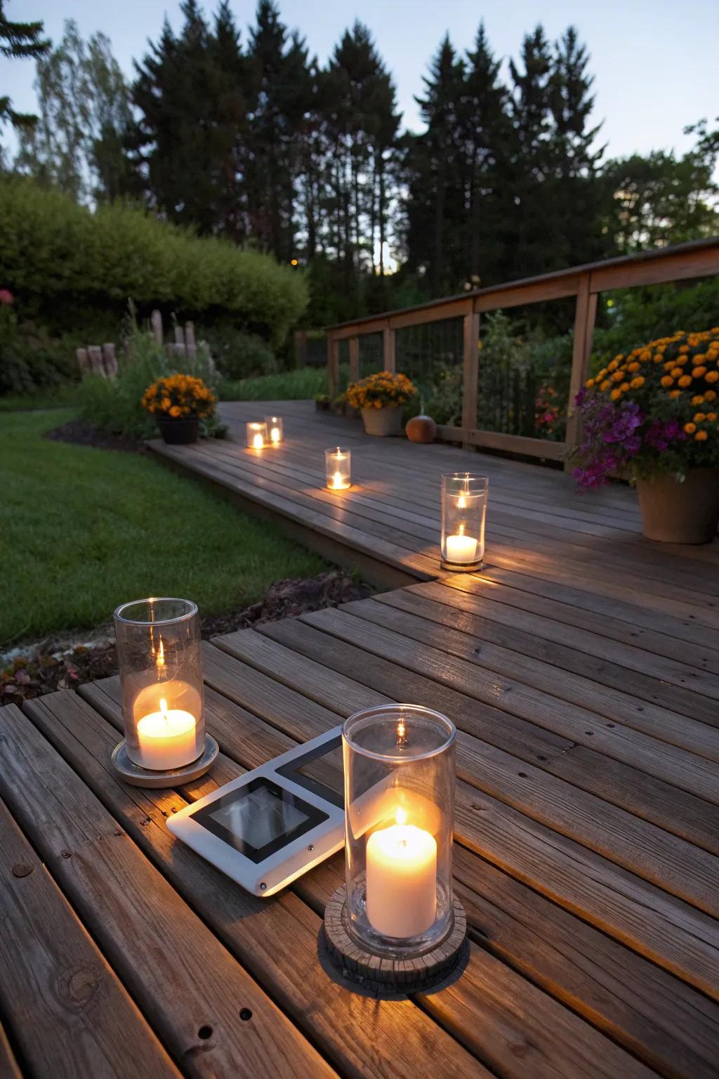Sun-powered candles create a romantic deck environment.