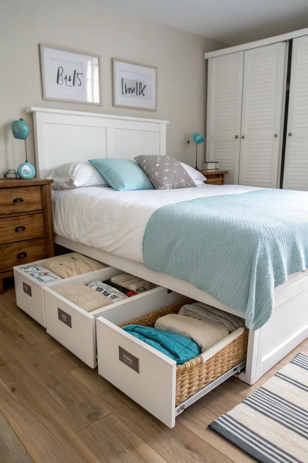 Use the space under your bed for organized storage.