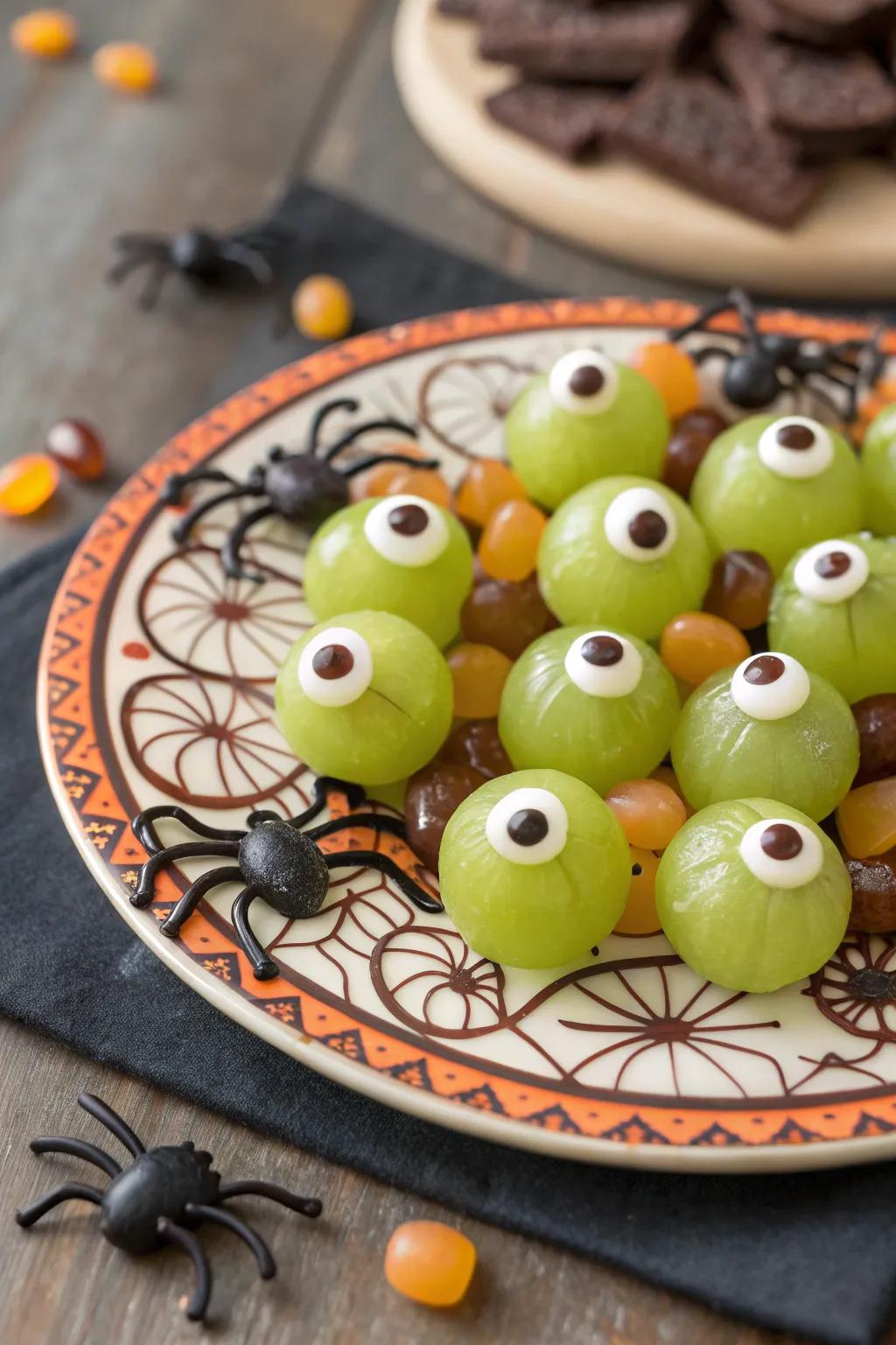 Ocular grapes transforming a plain snack into a Halloween spectacle.