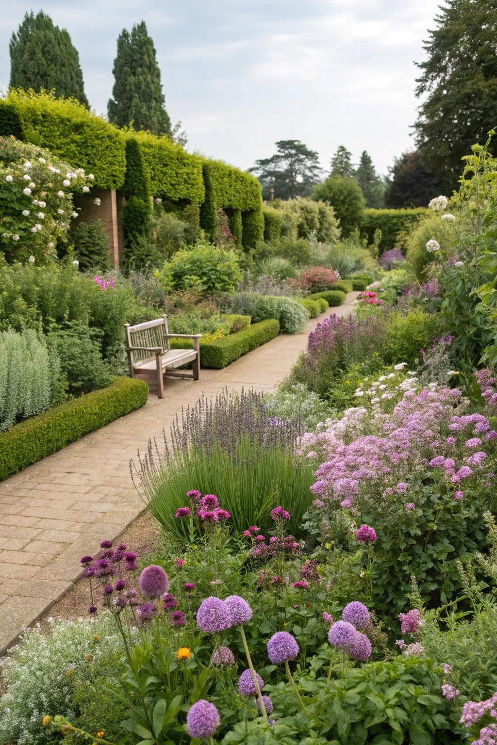 A sensory garden delights through fragrant blossoms and textured foliage.