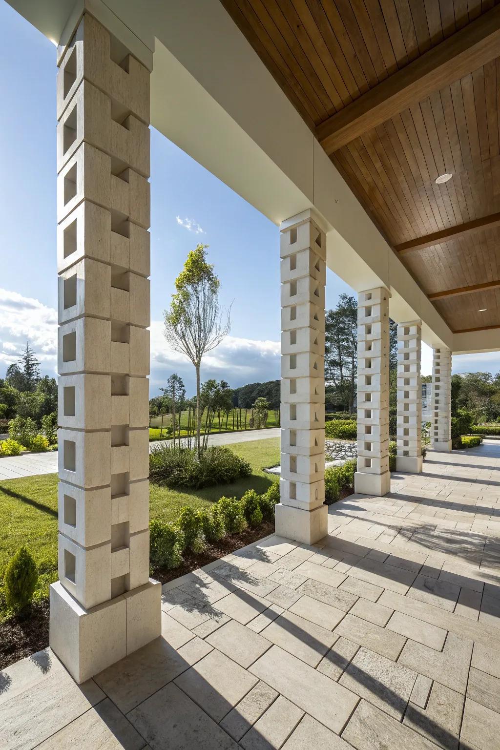 Non-symmetrical rectangular pillars offer a modern artistic flair.
