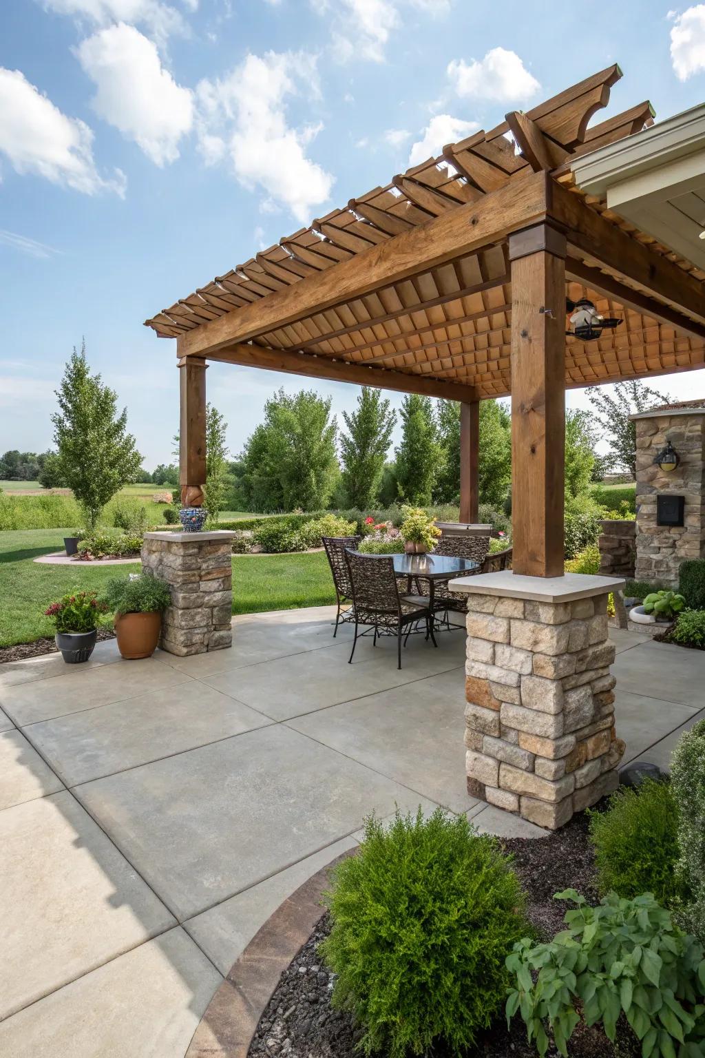 A harmonious fusion of tinted concrete with pure wood and stone.