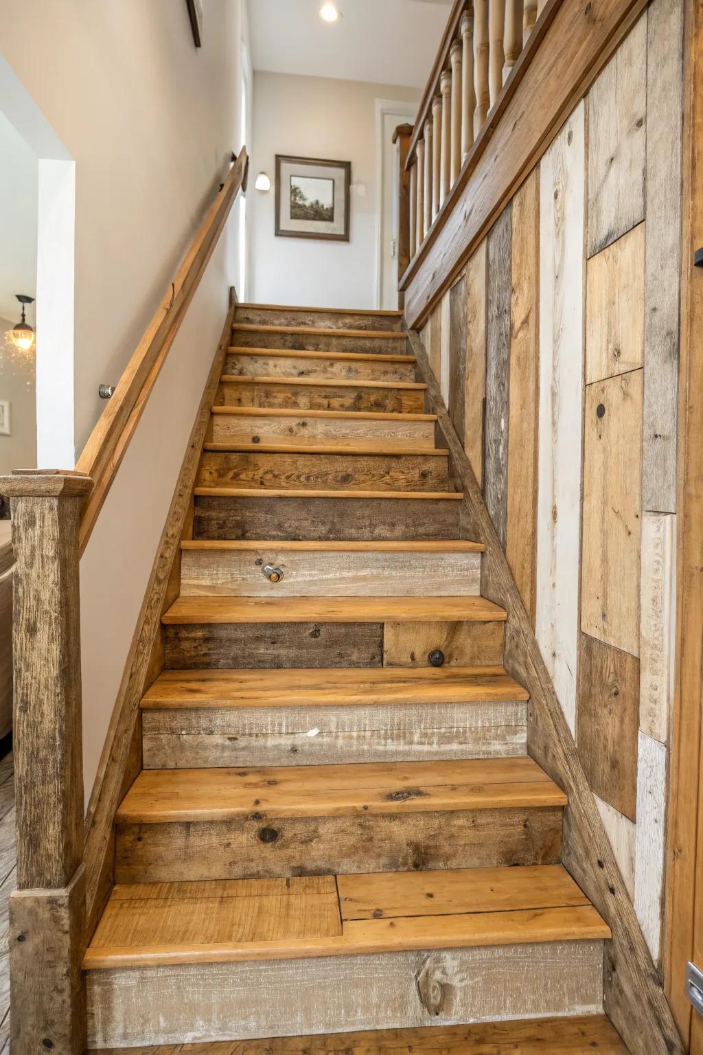 Recovered wood boards contribute singular country allure.