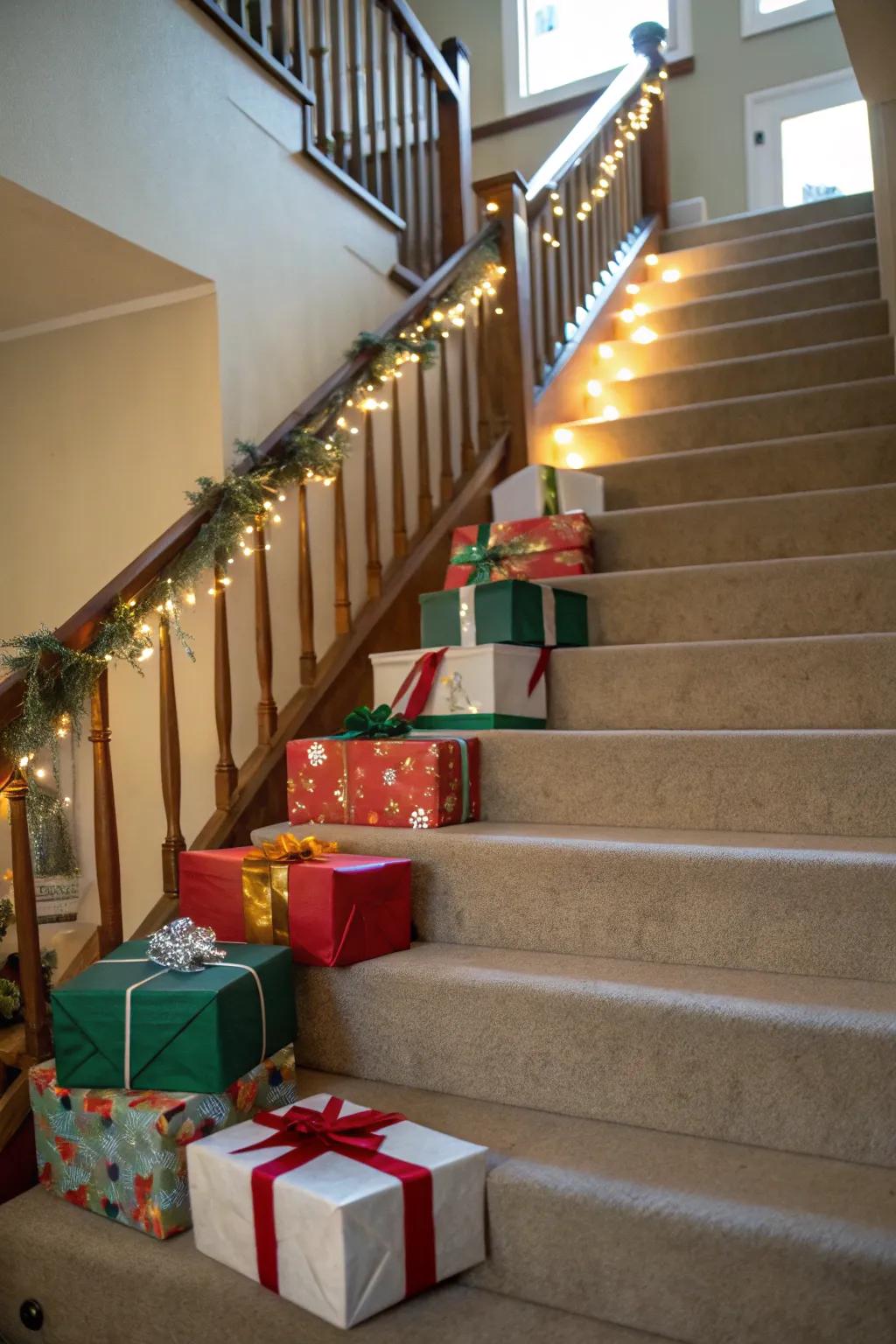 Packaged present containers inject a playful element into the staircase.
