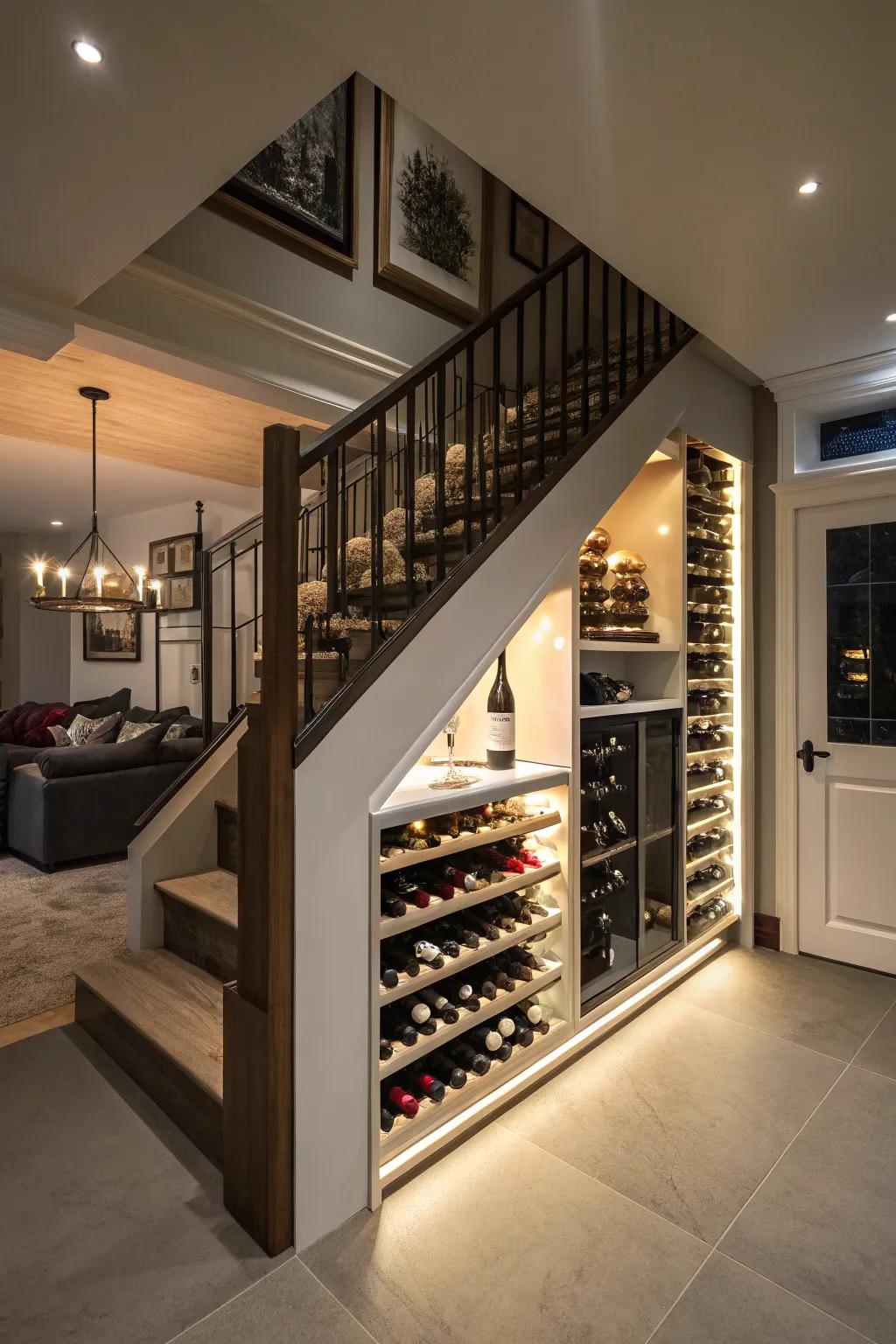 Impress your visitors through a concealed wine rack beneath the staircase.