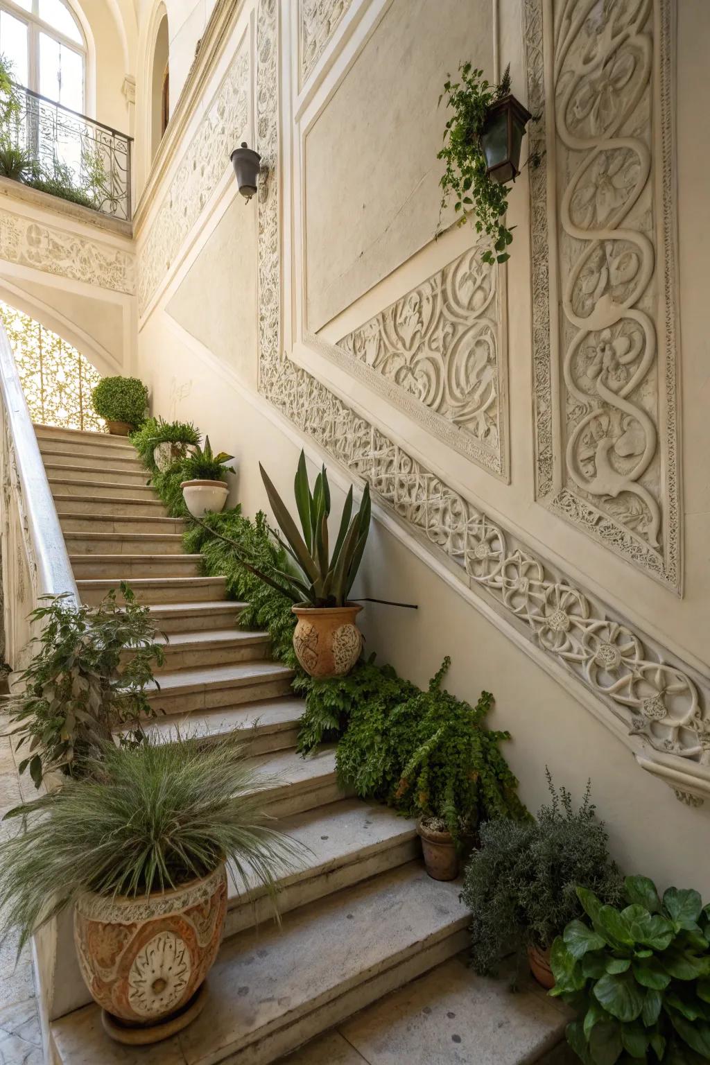 Florals add a natural impression to your staircase decoration.