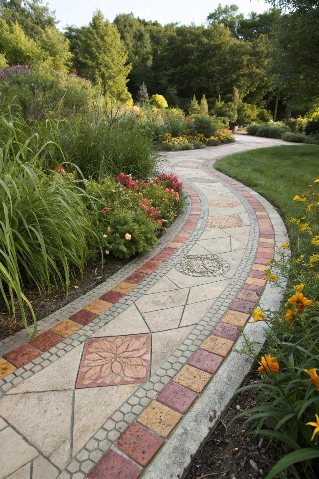 Walkway featuring a vibrant hue blend stamped concrete edge