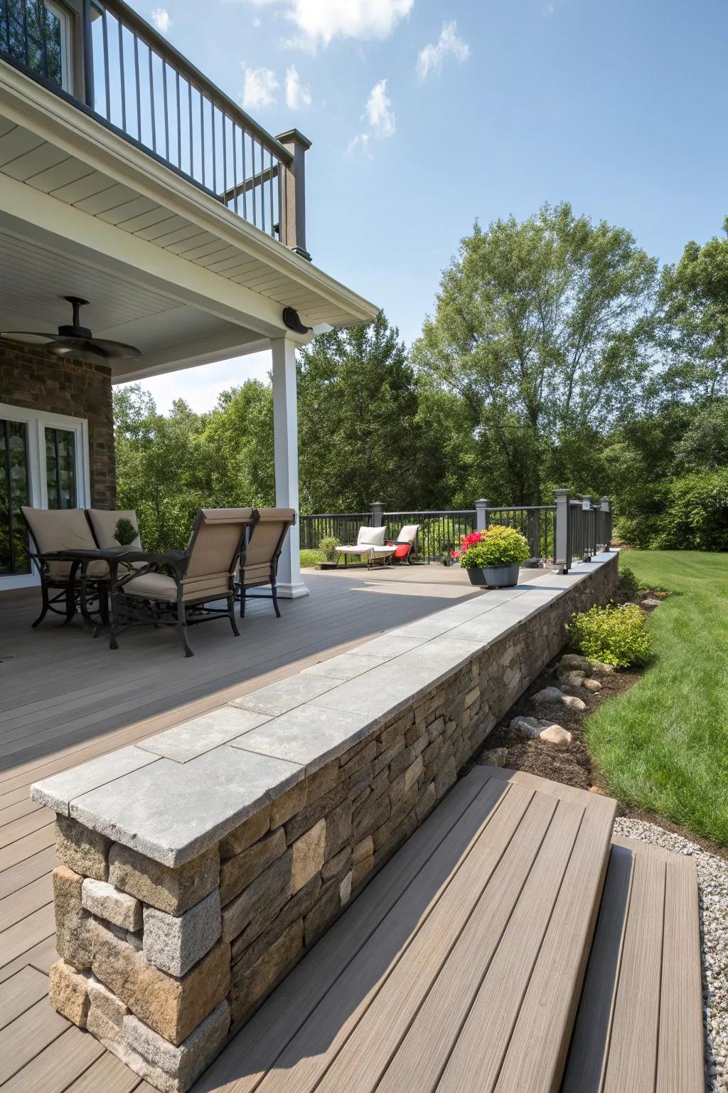 A deck that remains immaculate with sturdy, low-maintenance rock skirting.