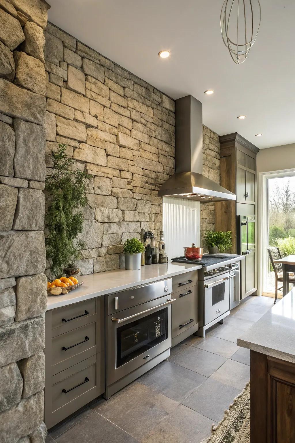 A rustic yet modern stone feature wall enhancing a kitchen.